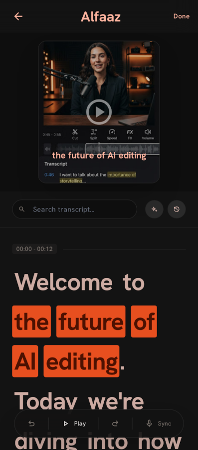 The Alfaaz transcript editor, with words highlighted